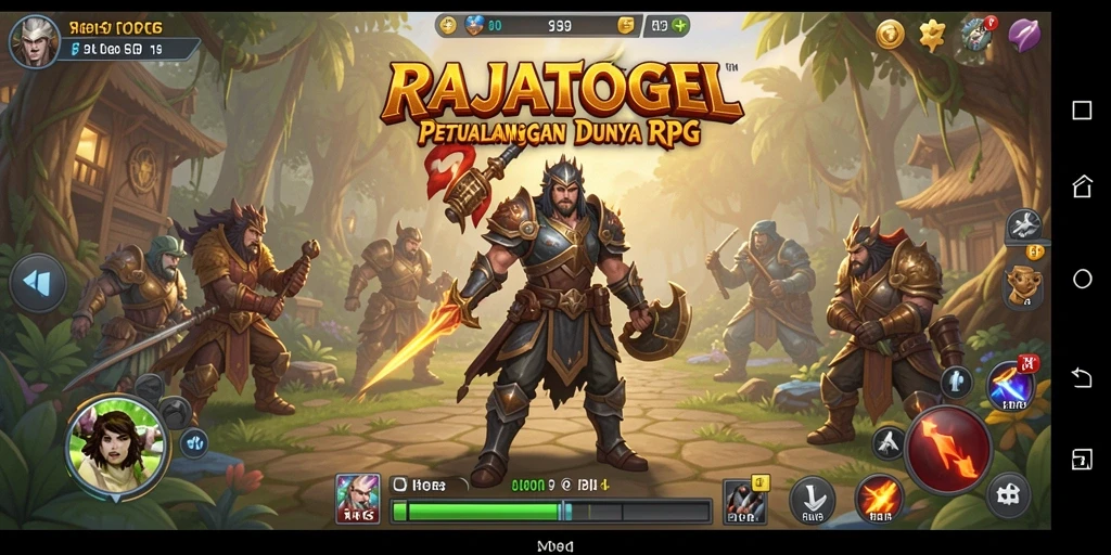 Screenshot antarmuka RPG RAJATOGEL menampilkan petualangan seru.
