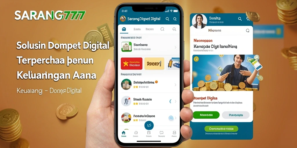 Tampilan antarmuka aplikasi Dompet Digital SARANG777 yang modern dan user-friendly.