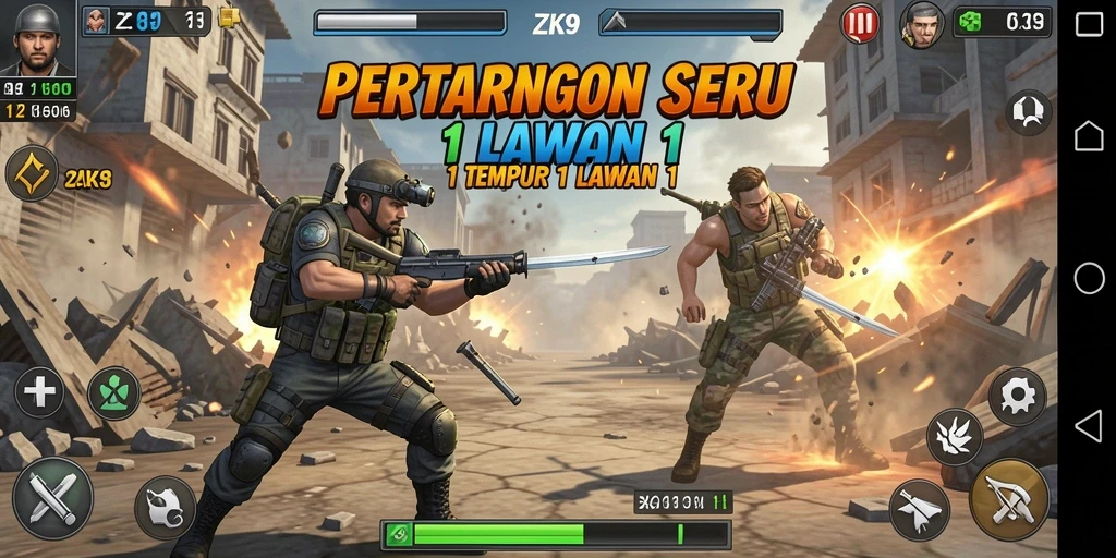 Antarmuka pertarungan seru dalam ZK9 yang menampilkan duel 1 lawan 1.